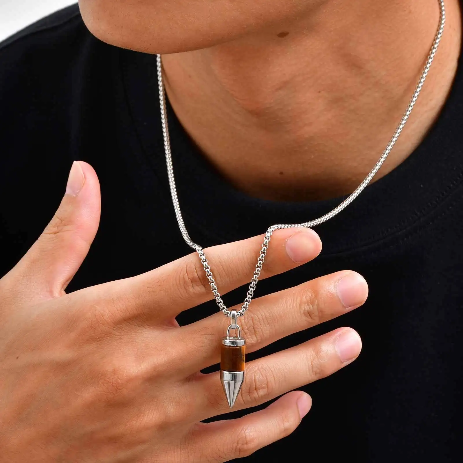 Stylish Bullet Necklaces for Men,Stainless Steel Natural Stone Pendant Necklace,Healing Jewelry Gift for Father Husband Son