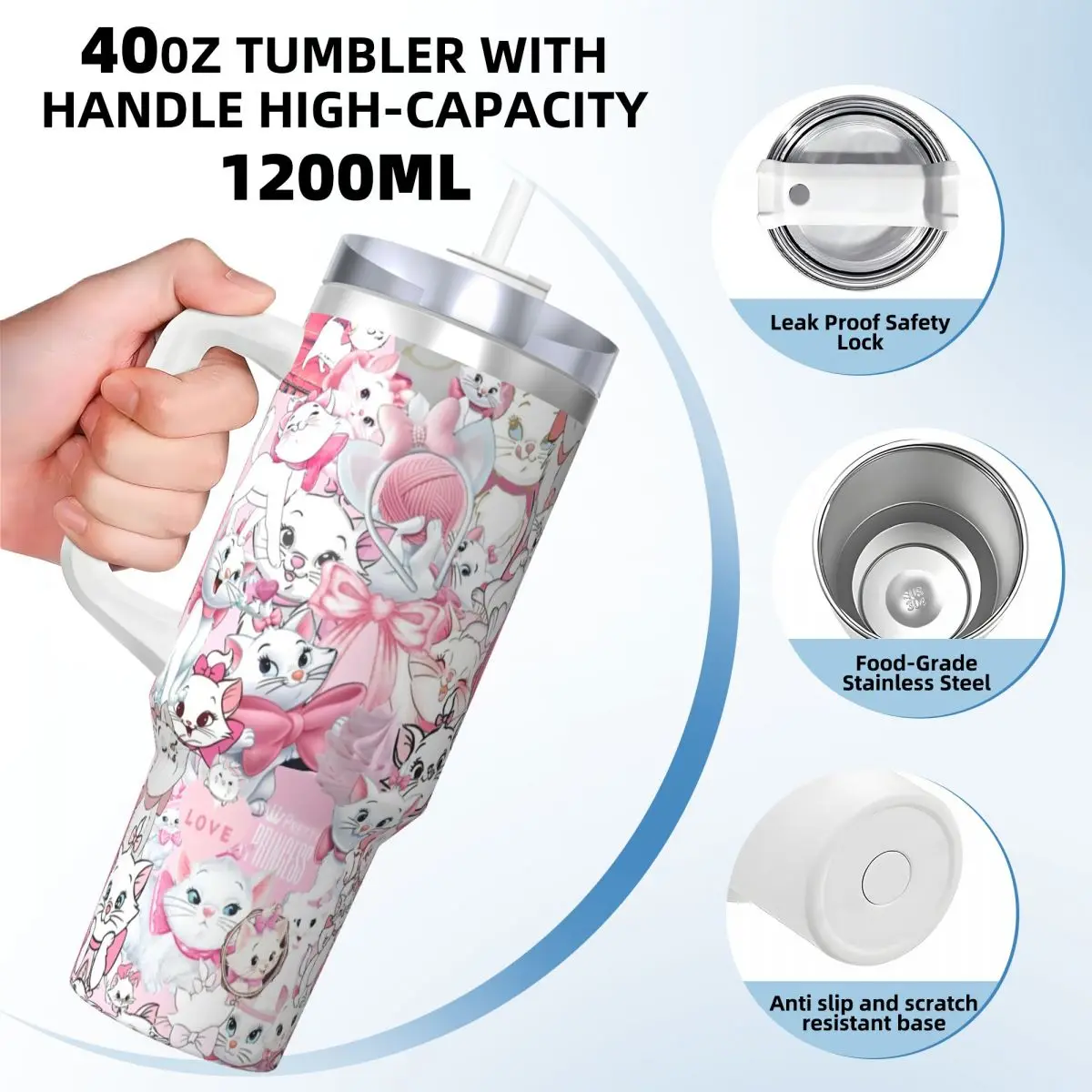 Stainless Steel Tumbler Cartoon Pink Marie Cat Thermal Mug Kawaii Portable Hot Drinks Mugs Cup Travel Design Water Bottle