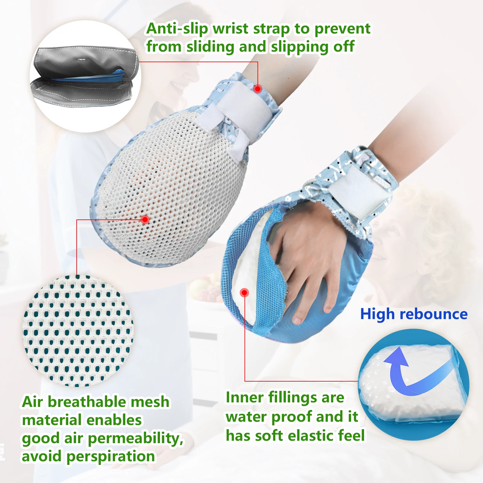 Ehucon Restraint Mitts,Breathable Anti-Scratch Hand Control Gloves with Bed Fixing Straps,Dementia Patient Safety Hand Mitts