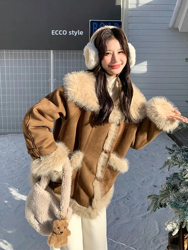 Lamb Fur Jaet Women's ort Sle Warmth Waterproof Rabbit Fur Top Thiened Autumn Winter New Arrival Commute Sle Loose Fit