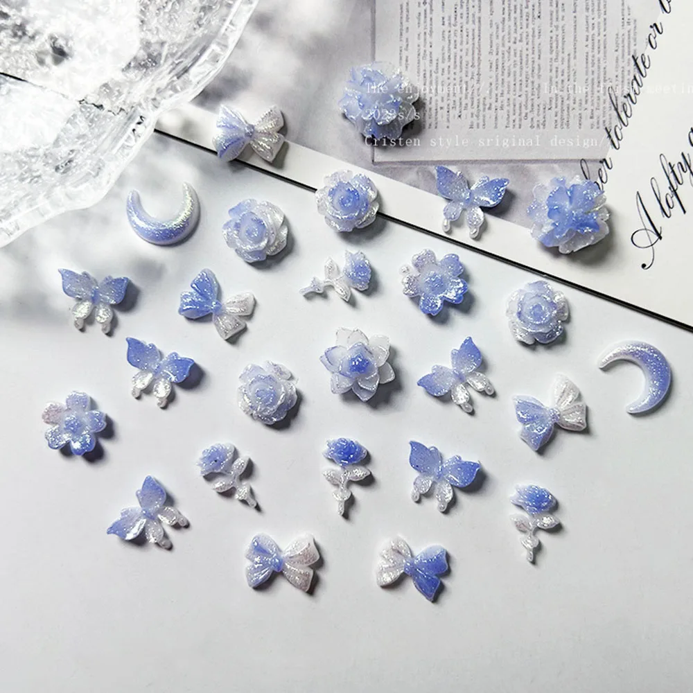 50 stücke Leuchtende Farbverlauf Nagel Charms Blau Farbe Rose Blume Schmetterling Nagel Dekorationen DIY Acryl Strass 3D Maniküre Teile – Detail 3