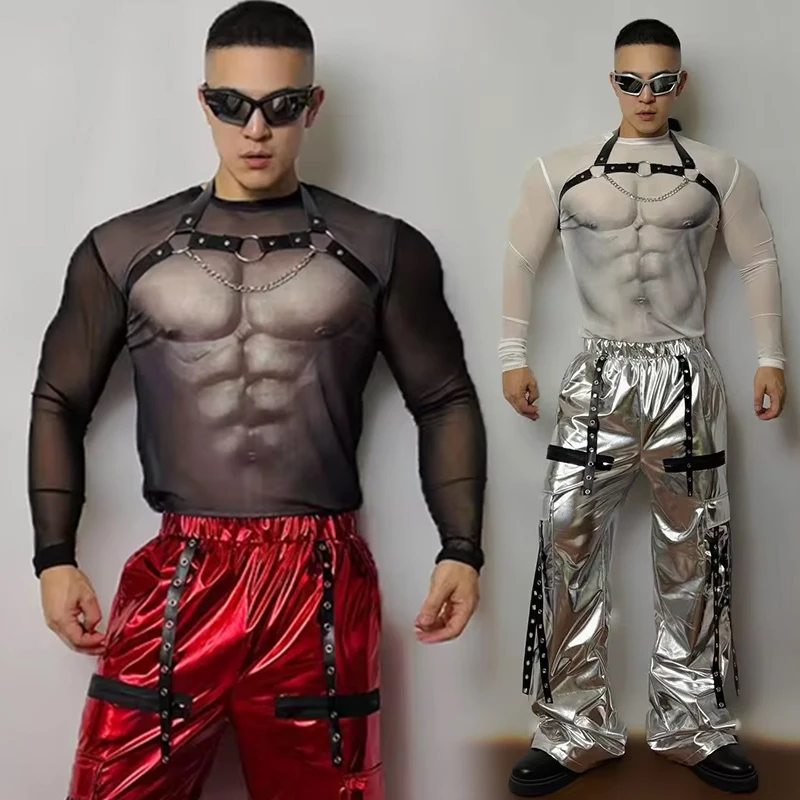 Muscle Man Sexy Gogo Dance Costume Black Chest Straps Mesh Top Hip Hp Pants Nightclub Party Rave Clothing Male Jazz Outfit 4598