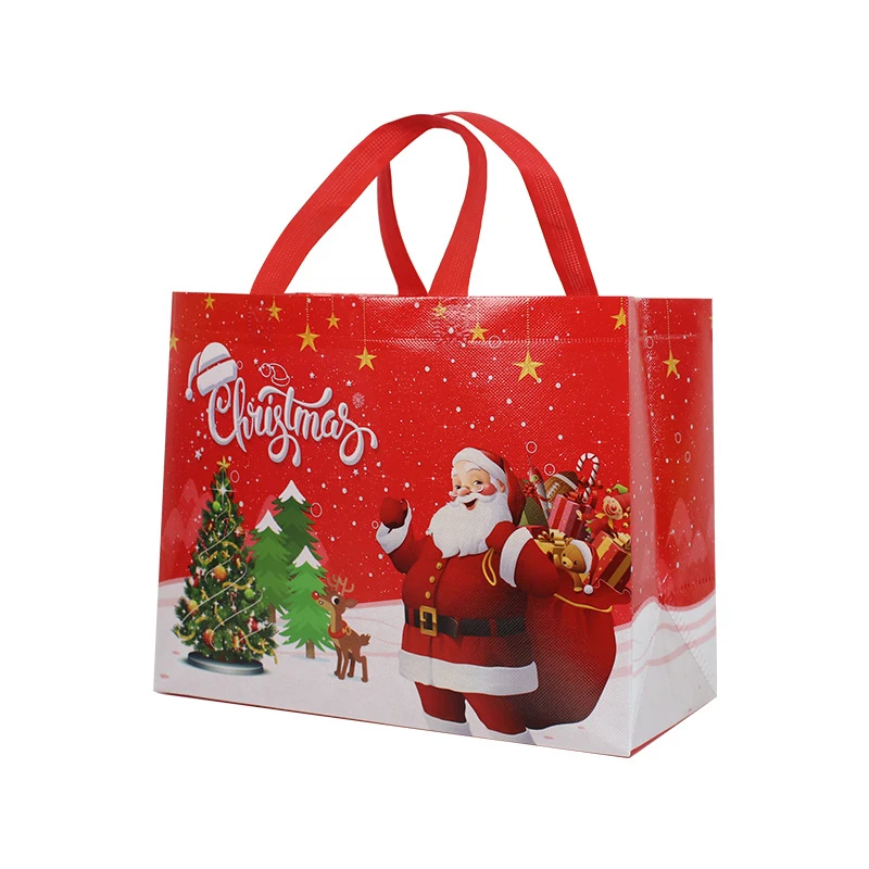 Borsa addensata tessuto Non tessuto stampato simpatico cartone animato babbo natale pupazzo di neve colore brillante robusto sacchetto di imballaggio impermeabile