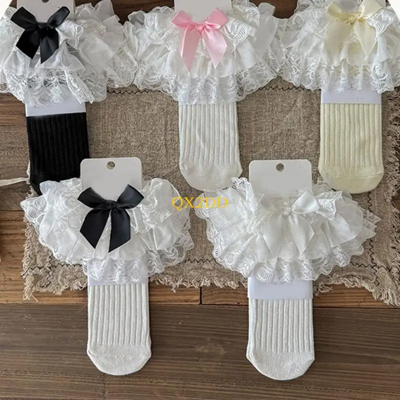 QX2D Kids Cotton Lace Top Dress Socks With Decorative Bowknot For Spring Autumn Outfits And Active Lifestyle Socks