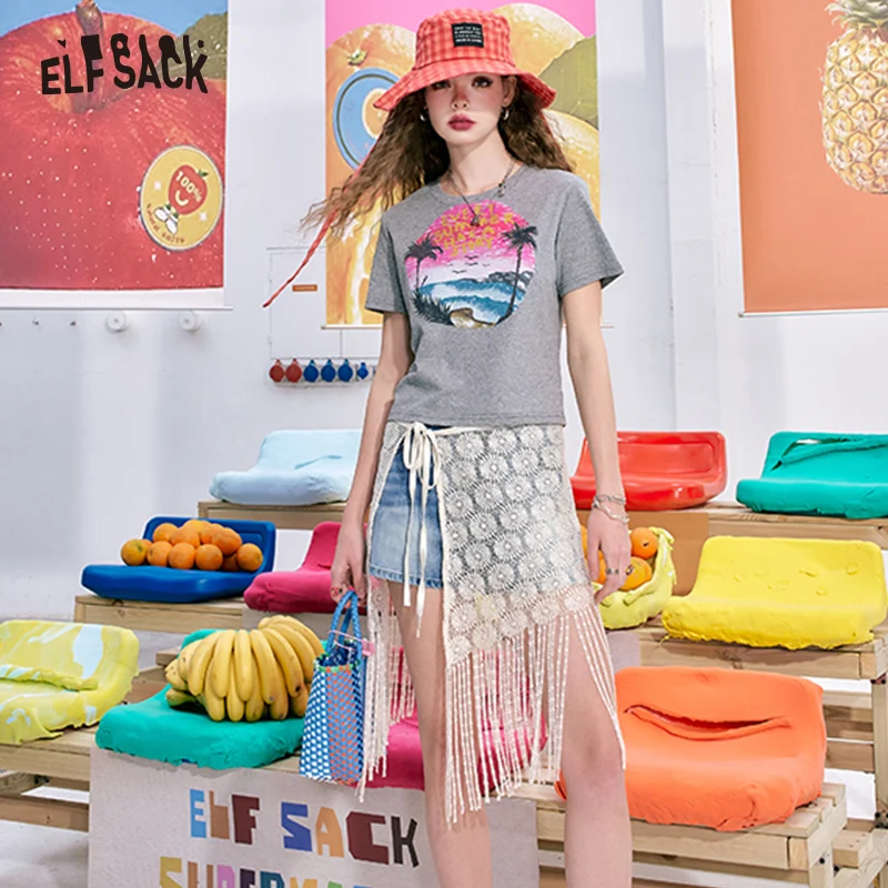 ELFSACK-pantalones cortos drapeados con borlas para mujer, vaqueros de cintura alta a juego, novedad de verano 2024