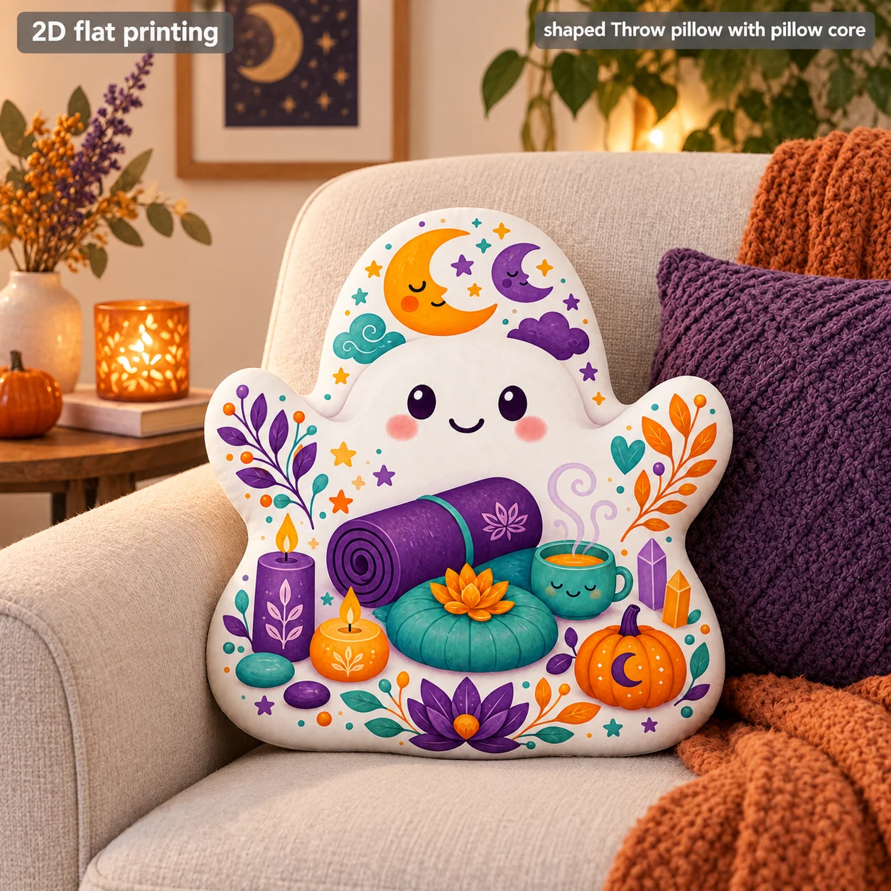 Cute Ghost Moon Stars Shaped Throw Pillow with Pillow Core Polyester Two Sided Print Decorative Cushion Sofa Bedroom Gift