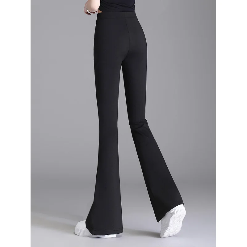 2025 Elegante elastische flare broek dames effen zwarte normale taille afslankende casual dagelijkse broek