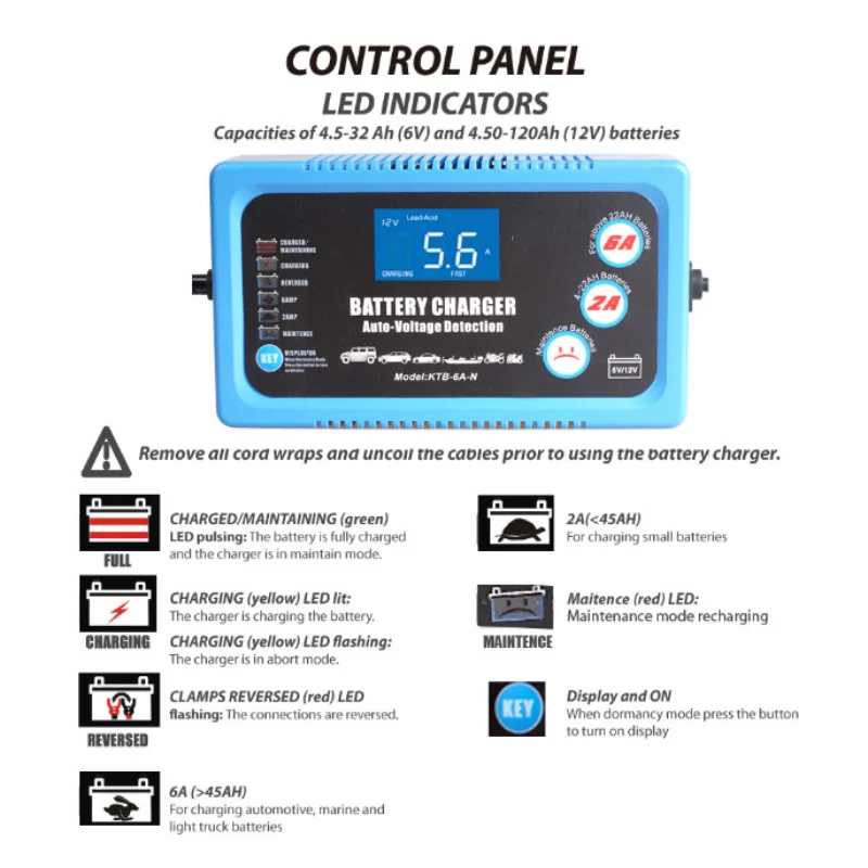 6V 12V Smart Car Motorcycle Battery Charger Full Automatic 2A 6A Lead-Acid AGM GEL Dry Batteries Power Charging Tool 6 V 12 Volt