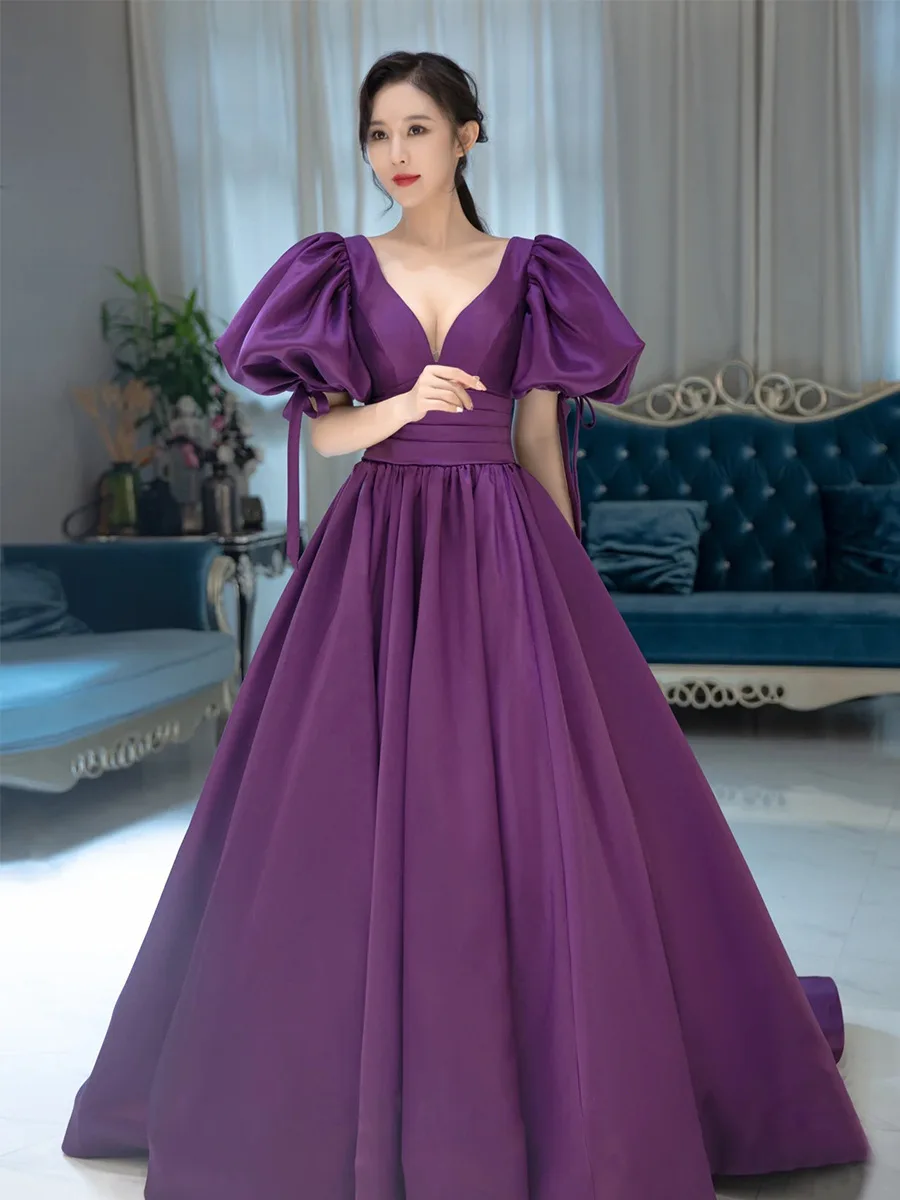 

2022 Sexy Purple Puff Sleeve Prom Party Dress Women Dark V Neck Satin Long Evening Dress Vestidos De Fiesta