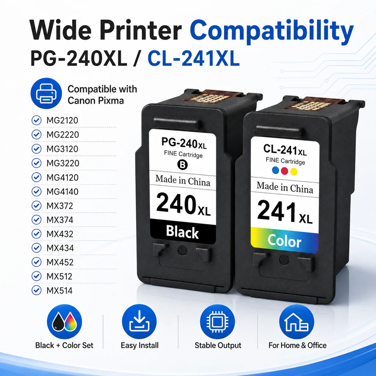 PG-240XL CL-241XL Compatible Ink Cartridge Set Black Color for Canon Pixma MG2120 MG2220 MX432 MX512 Printers