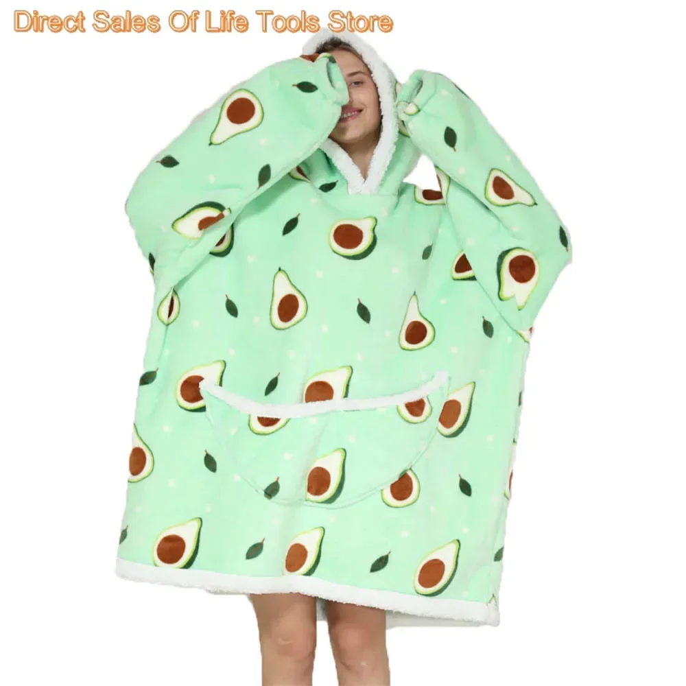 Oversized Blanket Hoodie for Women Men Wearable Blanket Hoodie with Sleeves Cute Cartoon Avocado Print Sweatshirt Winter Clothes