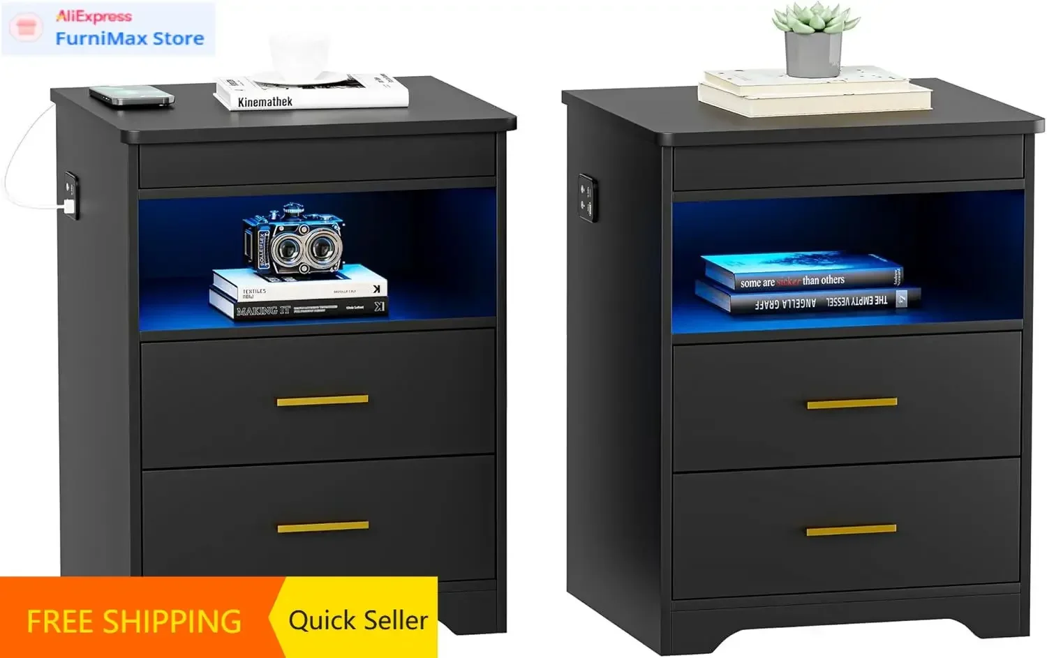 Night Stand Set of 2 with Charging Station for Bedroom, Beside Table with Secret Gun Drawer, Modern LED End Table with Auto Sens