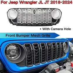 Front Bumper Mesh Grille For Jeep Wrangler JL JT 2018 2019 2020 2021 2022 2023 2024 With Camera Hole Matte Black Car Accessories
