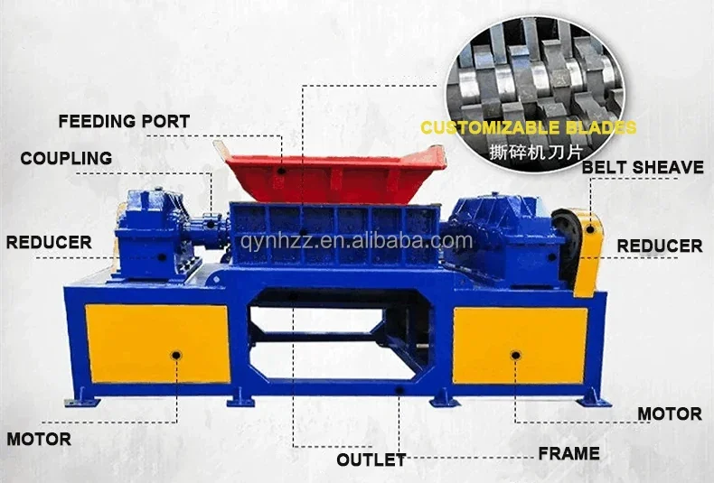 Wood bone paint bucket metal aluminum plate plastic woven bag crusher Double shaft waste tire plastic pipe recycling shredder