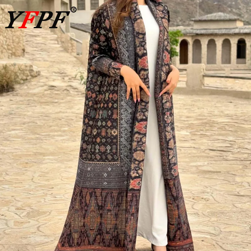 

YFPF 2025 Fashion Printing Design Pleated Long Jacket For Women Vintage Contrast Color Loose Party Coat Elegant Clothing 3A240
