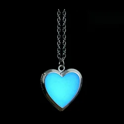 Glow In The Dark Heart Photo Locket Pendant for Women Men Openable Family Love Collar Necklace Luminous Halloween Gift