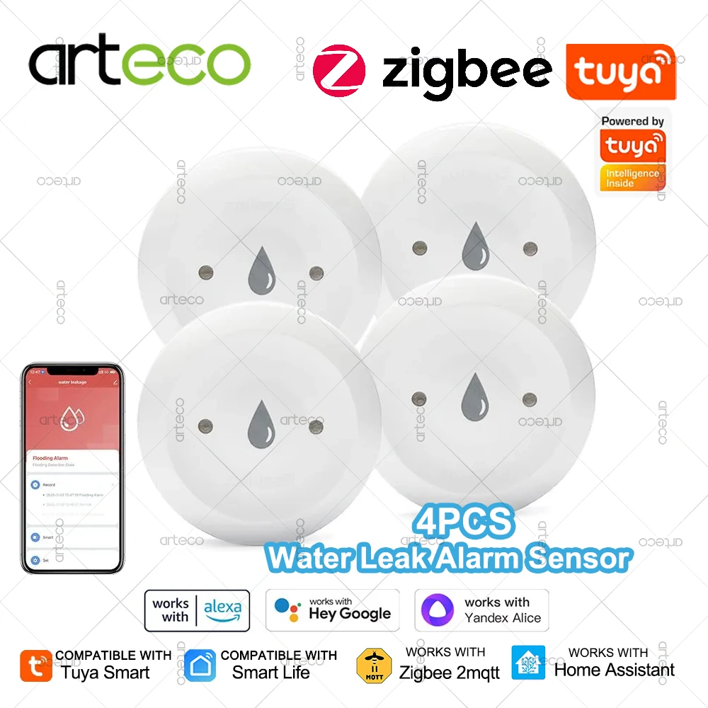 

4 шт. ZigBee датчик утечки воды детектор затопления сигнализация утечки для кухни/ванной комнаты Tuya умное управление приложением поддержка Zigbee2MQTT