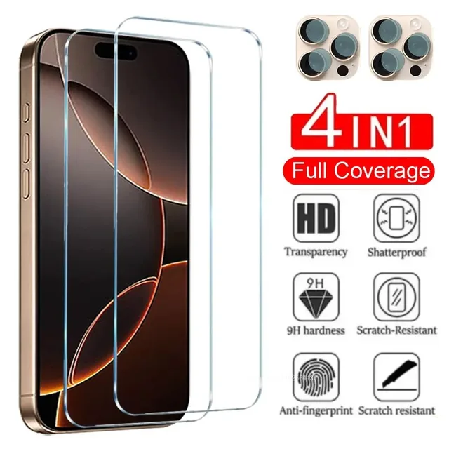 Szkło hartowane 4 w 1 do iPhone'a 16 Pro Max 15 14 13 11 12 Pro Max Mini XS X XR 7 8 6S Plus Pełna osłona ekranu Folia ochronna na obiektyw