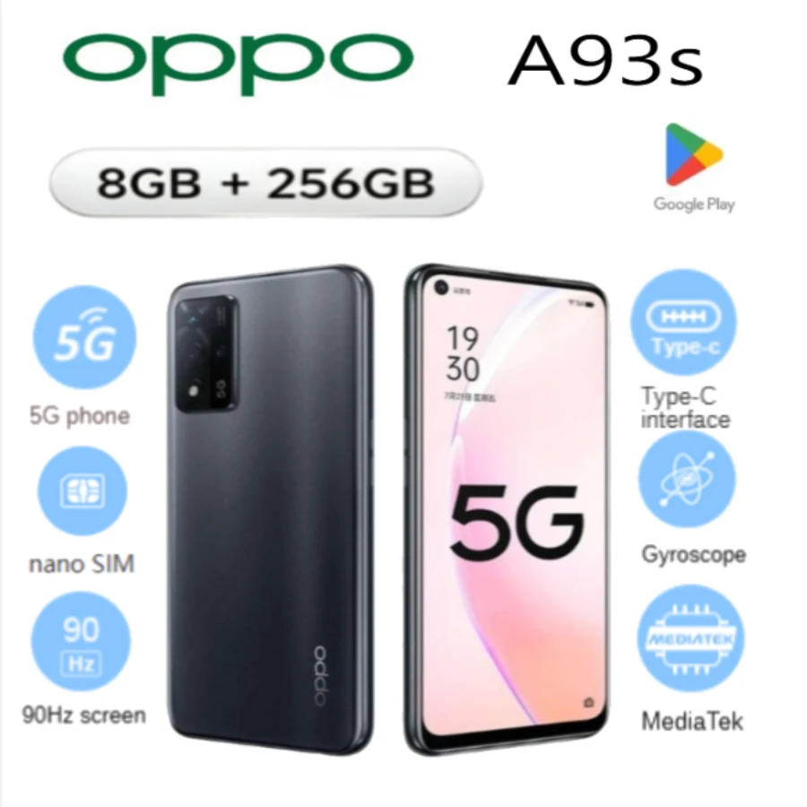 2026 new OPPO A93s 5G smartphone globally unlocked dual Nano-SIM, 6.5-inch 90 Hz display 8/256 GB storage 48 MP triple camera