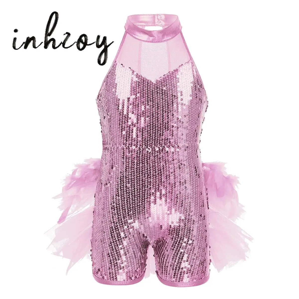 

Kids Girls Shiny Sequins Ballet Leotards Sleeveless Feather Mesh Splice Jumpsuit Jazz Latin Dance Performance Costume Dancewear