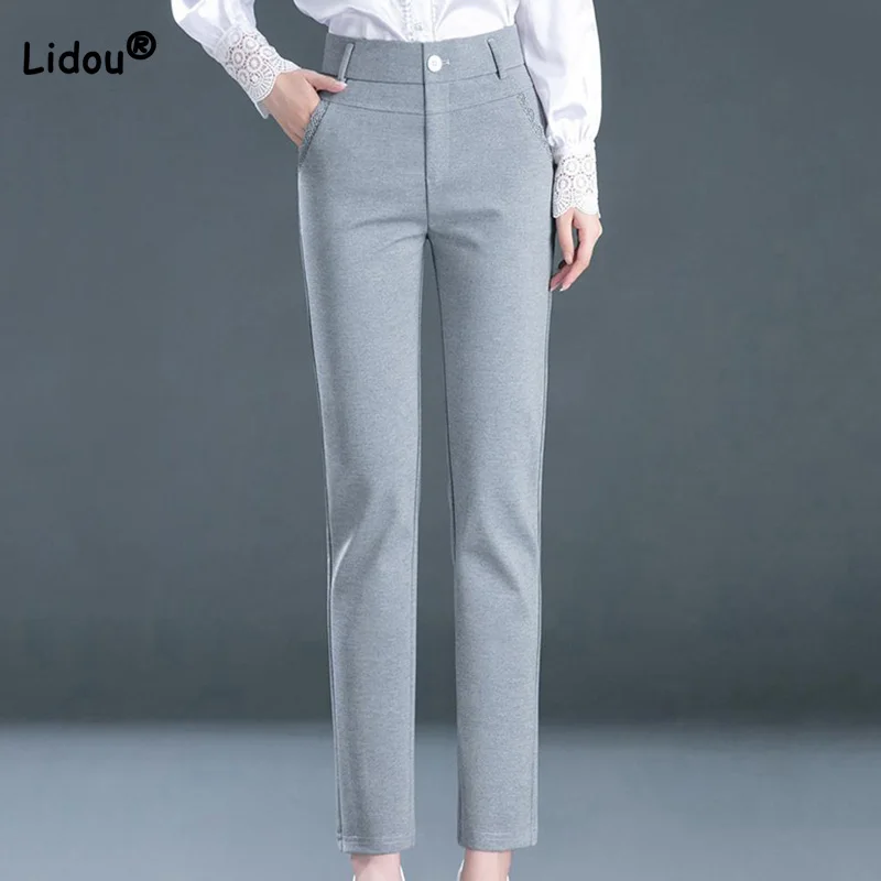 Summer Pockets Straight Leg Pants for Women 100% Cotton Button Patchwork Lace High Waisted Loose Fitting Casual Suit Trousers