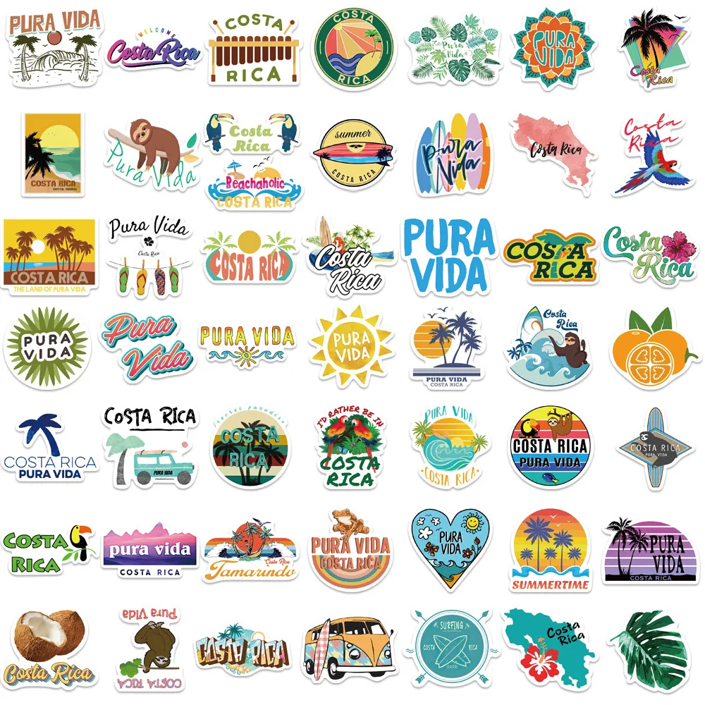 10/25/50pcs Costa Rica Pura Vida Graffiti Stickers Cartoon for DIY Guitar Laptop Phone Motorcycle Skateboard Helmet Car