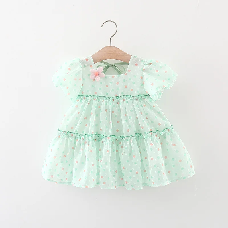 Summer girl dress baby girl three-dimensional flower polka dot lace bubble sleeve back strap princess dress