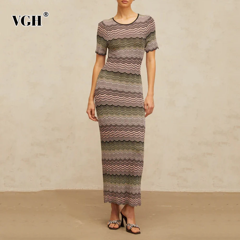 VGH Slim Fit Striped Printing Temperament Dresses For Women Round Neck Short Sleeve High Waist Elegant Dress Female Fashion New