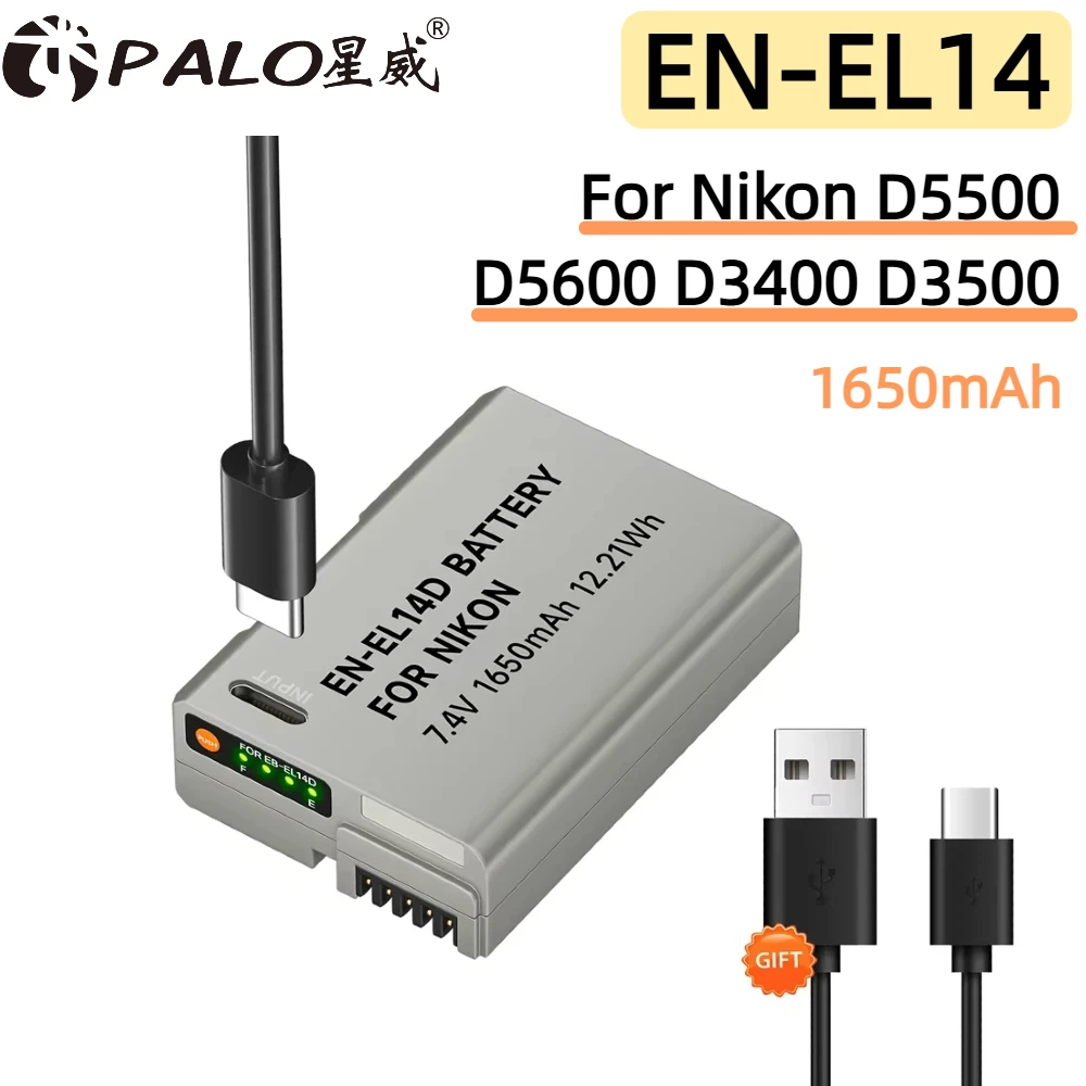 1650mAh Battery EN-EL14 USB Battery With TYPE-C Port For Nikon D5500 D5600 D3400 D3500 D5100 D5200 D5300 D3100  COOLPIX P7800