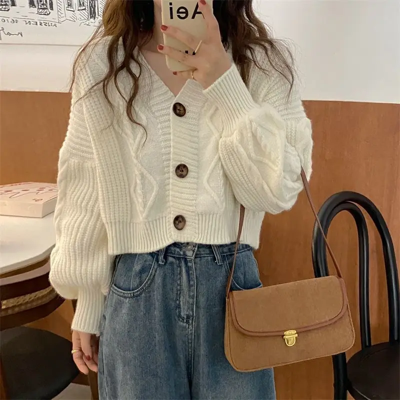 Rimocy V Neck Cropped Cardigan Women Long Sleeve Twist Knitted Sweater Coats Woman Korean Fashion Solid Color Button Up Cardigan