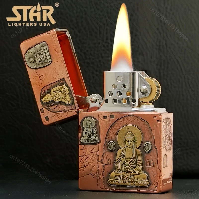 2026 STAR ST9 Copper Kerosine Lighter, 3D Relief Longmen Grottoes Carving, Windproof Refillable Lighter, Men's Holiday Gift
