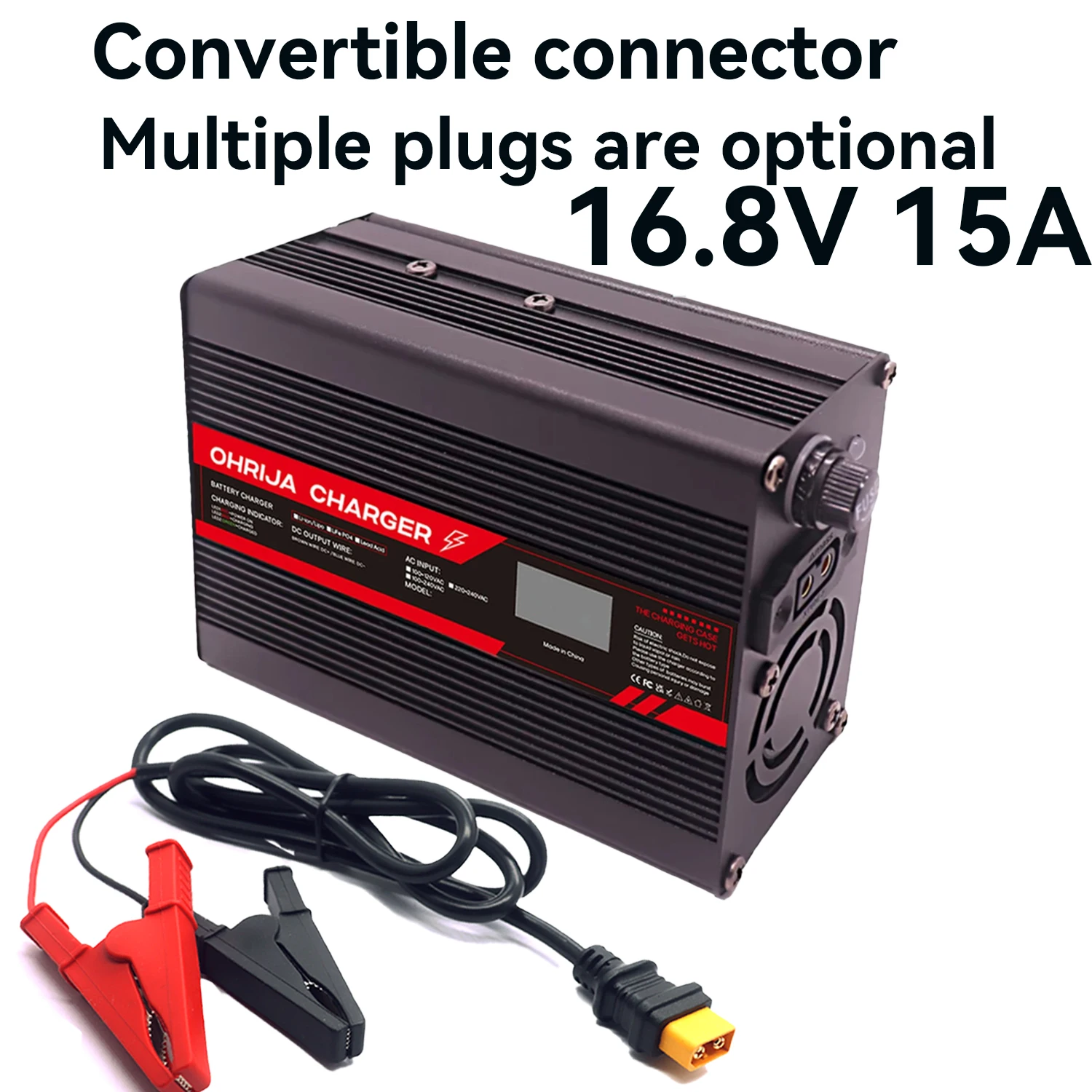 

16.8V 15A Lithium Battery Fast Charger for 4S 14.8V OLED Display & Interchangeable Connector Fast stabilization with cooling fan