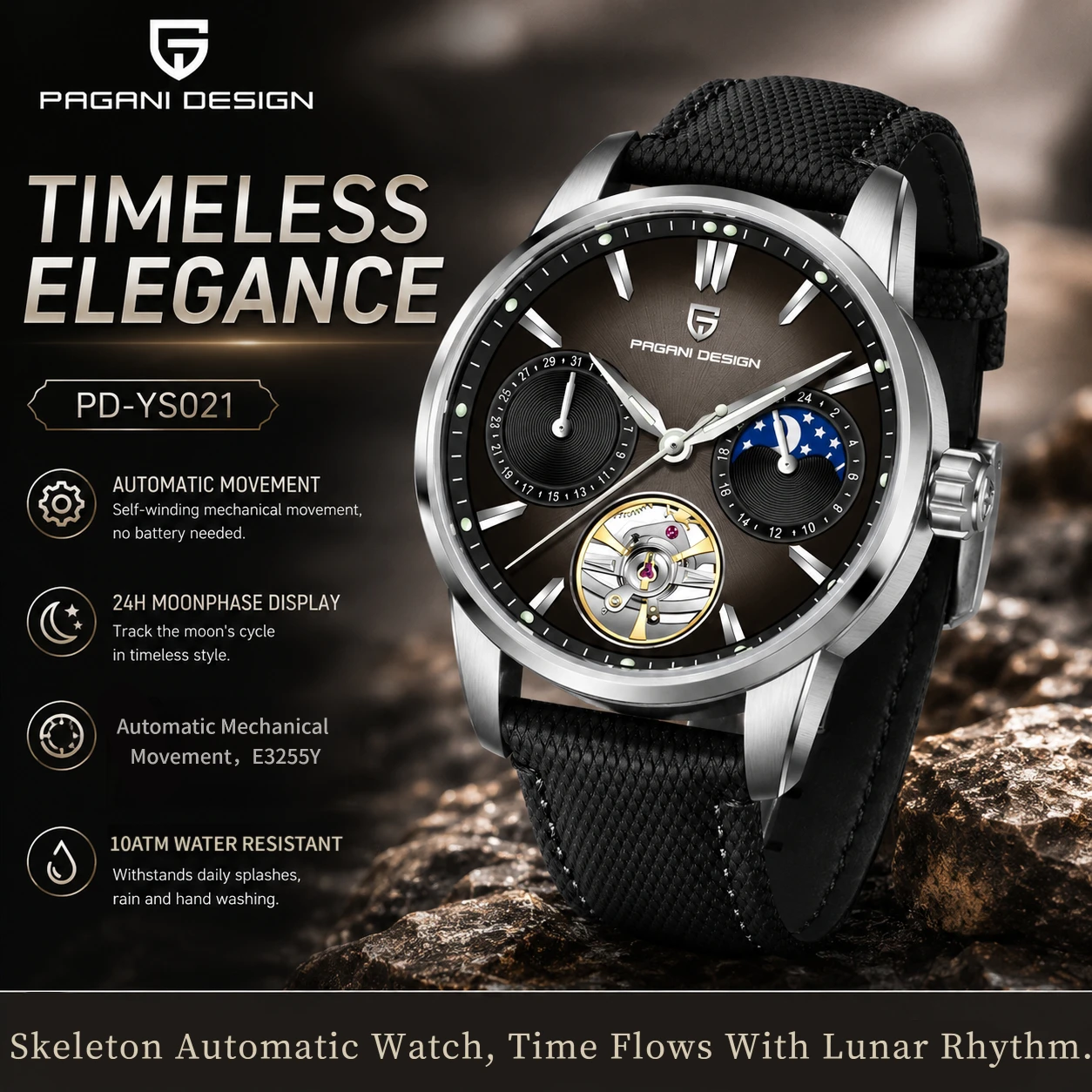 PAGANI DESIGN PD-YS021 Men's Automatic Mechanical Watch, 100M Waterproof Classic Hollow Shape, Super Luminous.