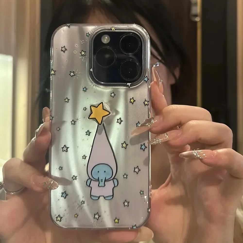Funda de teléfono para iPhone 16, 15, 14, 13, 12, 11 Pro Max Plus INS, funda con estampado de elefante azul y estrella de dibujos animados con cordón y estrella giratoria