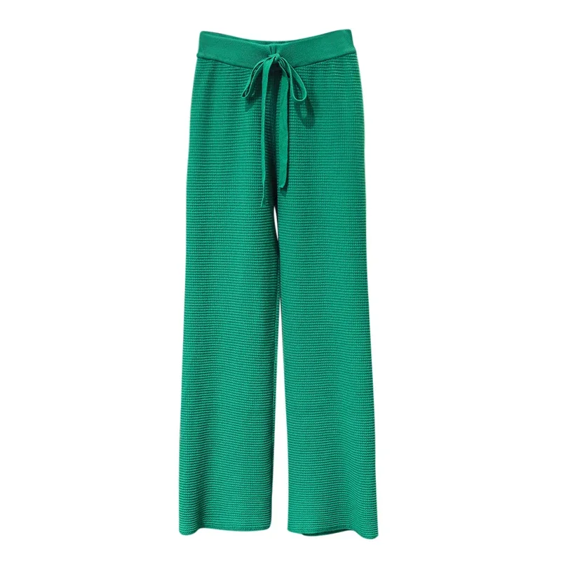 Pantalones de punto de cintura alta para mujer, pantalón de pierna ancha de punto de gofrado, delgado y recto, informal, de lana, Primavera