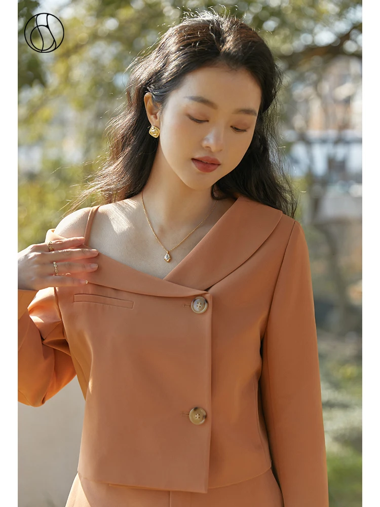 DUSHU Slightly Fat Lady Suit Collar Full Sleeve Irregular Cropped Blazer Office Lady Off-the-shoulder Single-breasted Suits