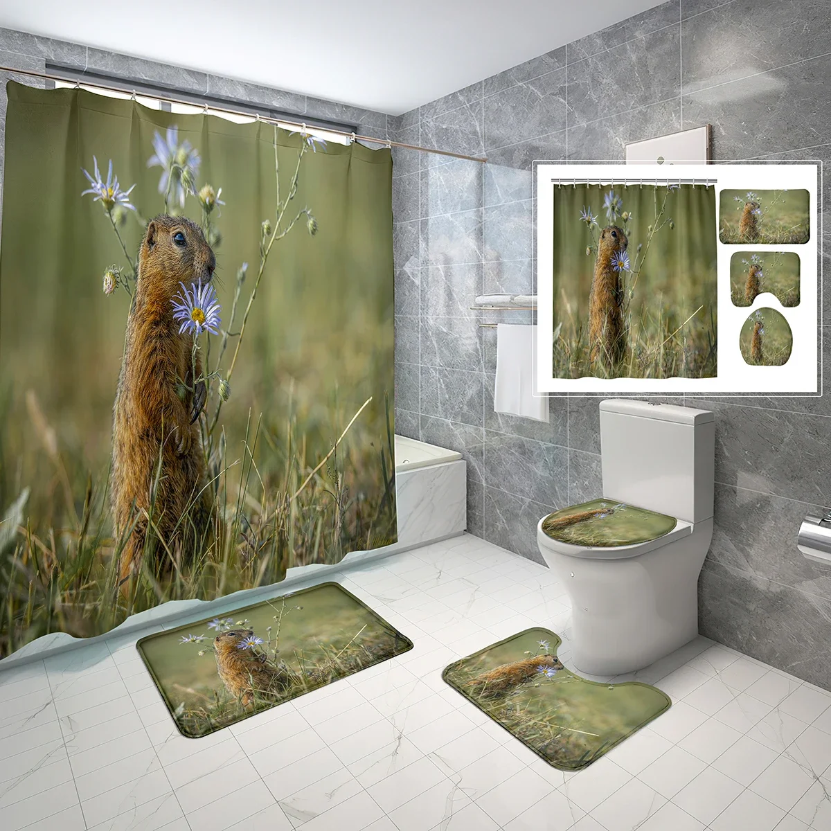 4 Sets Marmot Shower Curtain Sets with Non-Slip Bath Mat,Toilet Lid Cover and Meadow Flowers Cute Wildlife Shower Curtain Set