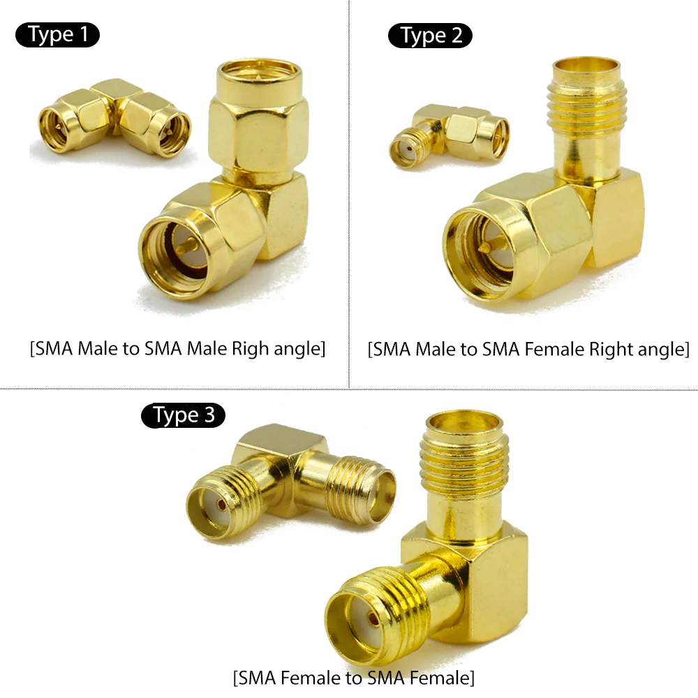 موصل SMA إلى SMA ذكر الكوع محول 90 درجة محول محوري الزاوية اليمنى موصل محول لواي فاي هوائي FPV