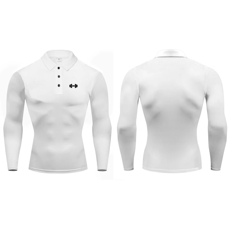 Autuman Men's Running Barbell Print Polo Long Sleeve Button Moisture Wicking Quick Dry Athletic Workout Compression Fitness