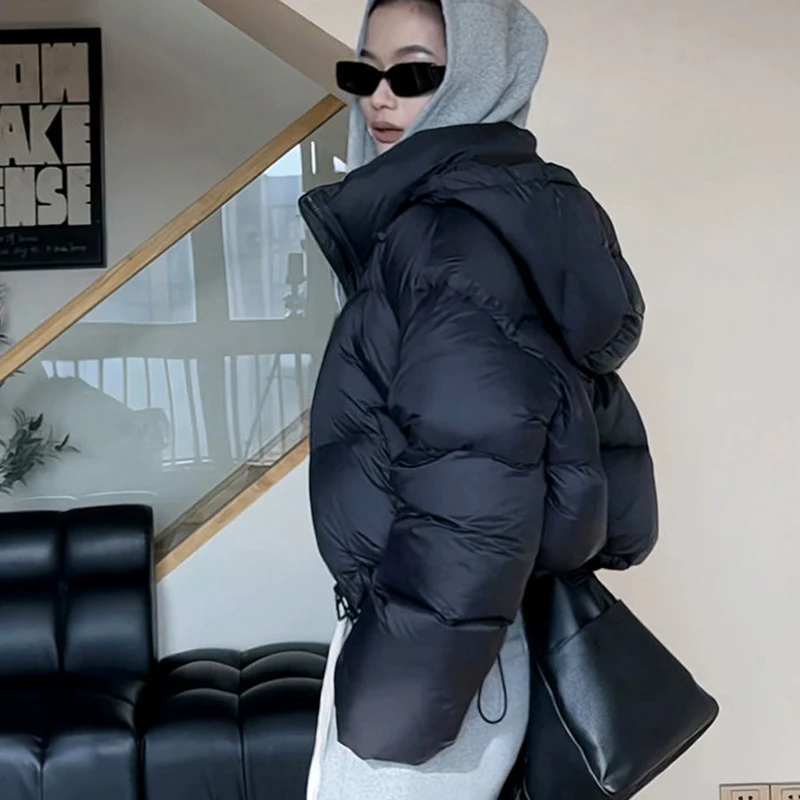 Korean Zipper Up Cropped Puffy Coats Women 2024 Winter Warm Loose Cotton Padded Ladies Chic Long Sleeve Hooded Down Jacket Woman