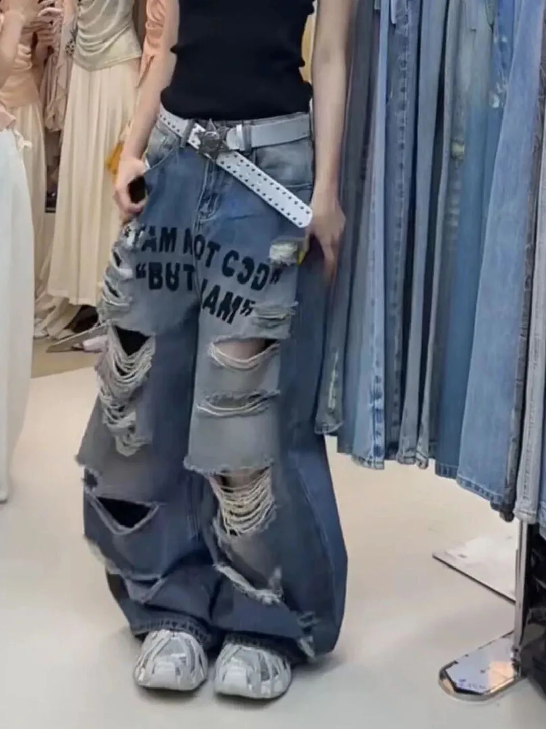 

American Retro Lettered Hole Denim Pants Women's Summer New High Waist Loose Wide Leg Casual Floor-Length Thin Jeans