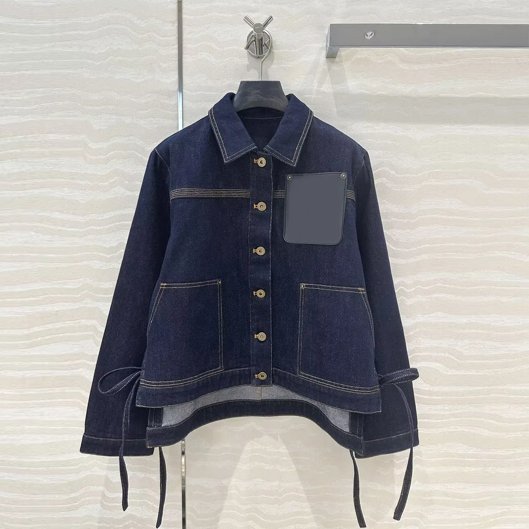 New Spring Autumn Fashion Navy Denim Jacket Women Streetwear Lapel Single Breasted Leather Pocket Lace- up Loose Vintage Coat