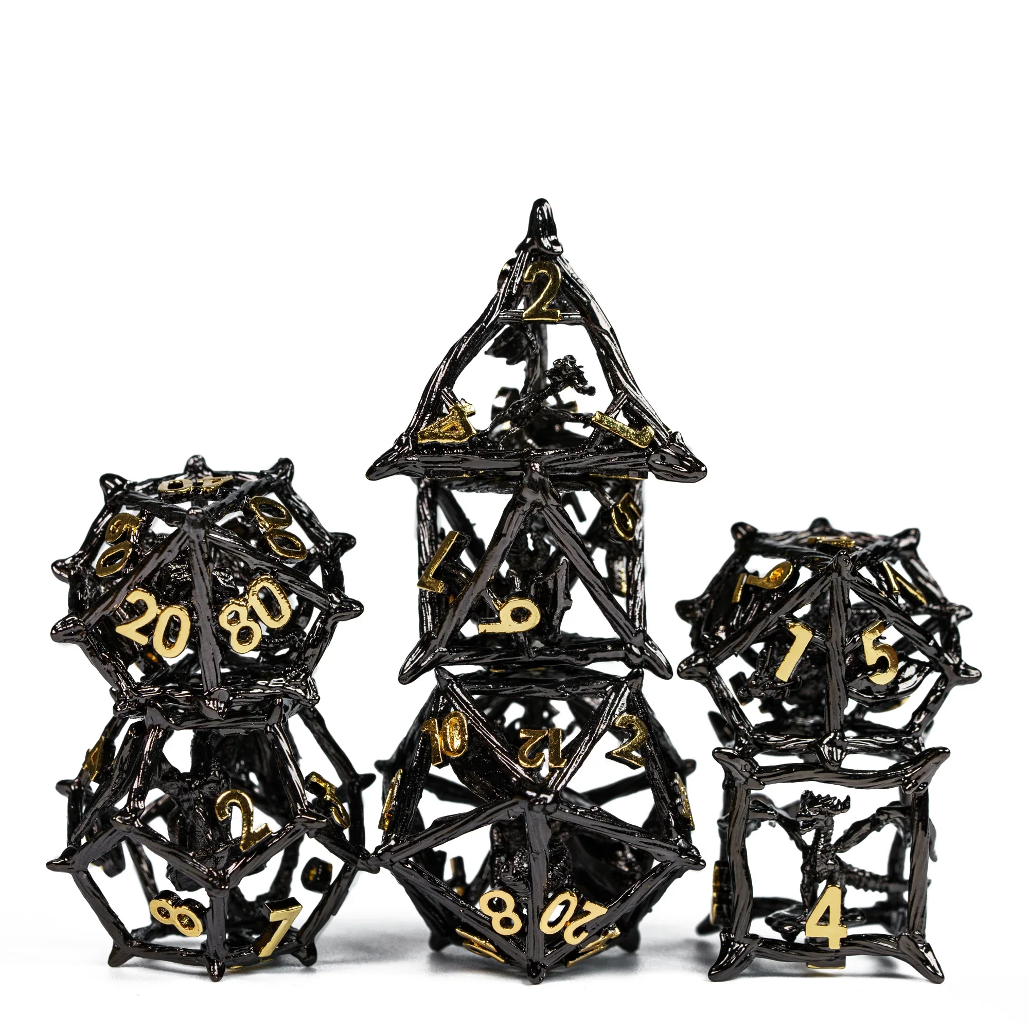 Cusdie Dragon Hollow Metal Dice DND 7Pcs Branches Shape D&D Dices D4-D20 Polyhedral Dice Set for Role Playing Game Collection