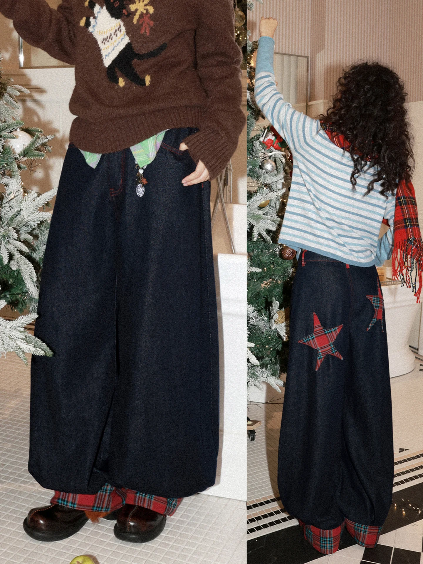 

Джинсы Chtry Girl X4: Свободные джинсы-фонарики с эффектом звездного пэчворка, ветрозащитные, в стиле ретро, широкие штанины, осень-зима, женские