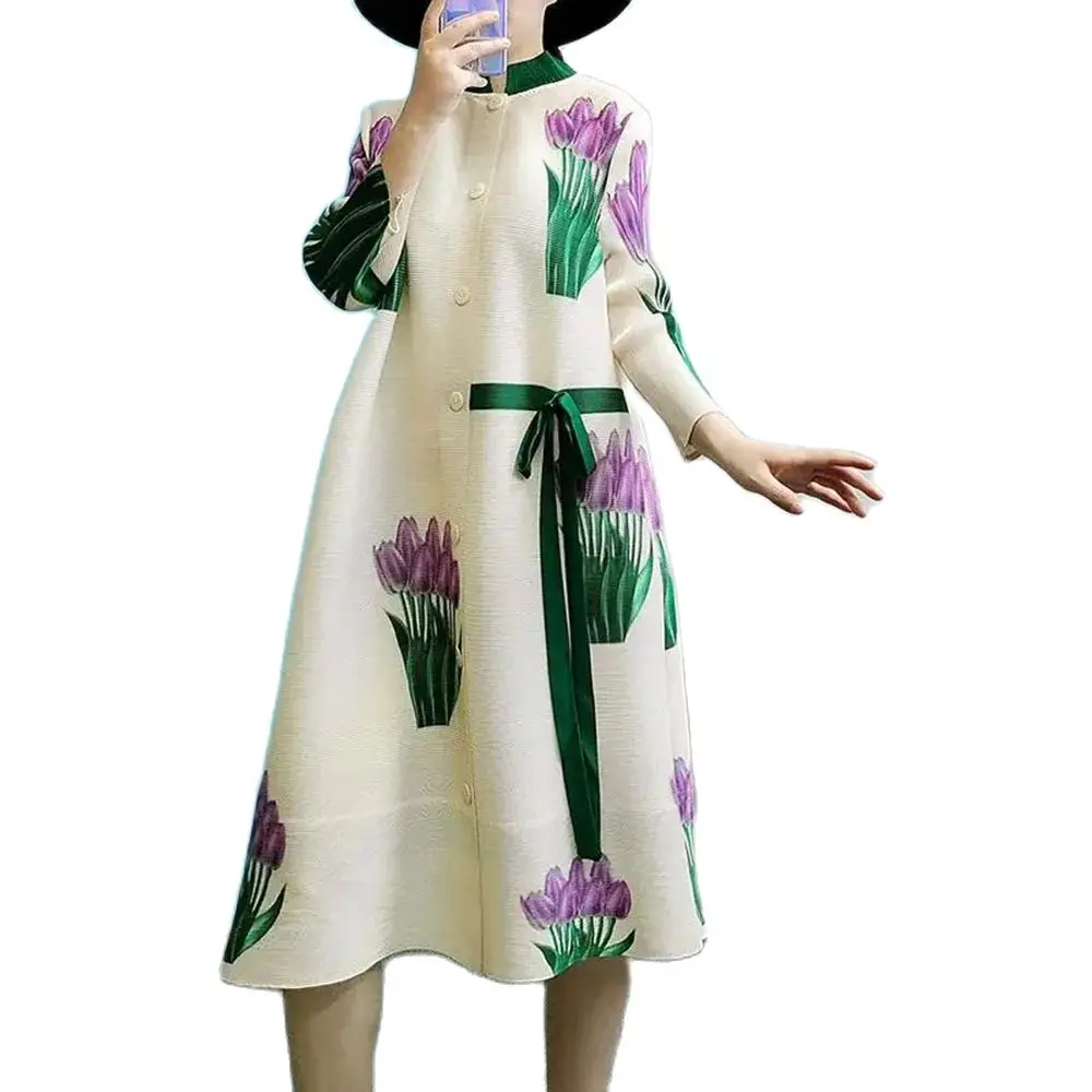 

Женское плиссированное платье миаке, однобортное свободное платье с воротником-стойкой, весна-осень 2024