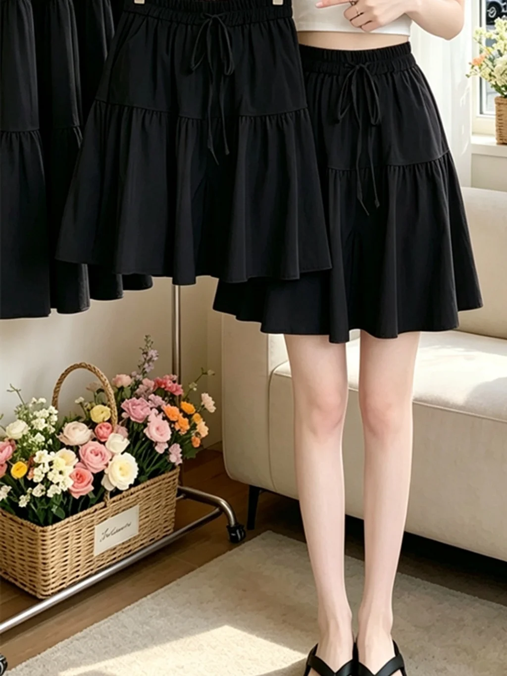 High Waist Loose Fit Ice Silk Casual Five-Point Pants for Women Summer Thin A-Line Skirt Pants Korean Style Commute Wind Pure...