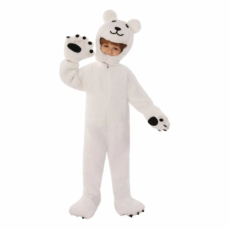 Kids Boys Girls Animal Polar Bear Jumpsuit Headwear Set Children Christmas Performance Outfit Halloween Cosplay Costumes