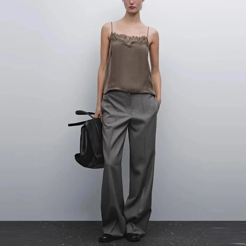 

Faionable ey Lace Trim Csole Top Slim Strap Casual Women's Spring Clothing Z Polyester Fiber All-Match Sle