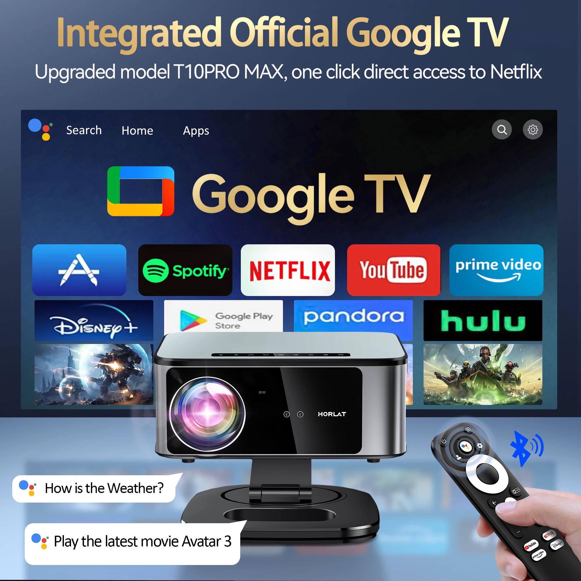 HORLAT Google TV Android 14 Projector 3200ANSI Lumens Auto Focus WiFi 6 3D Full HD 1080P 4K Support Smart Home Theater Projector