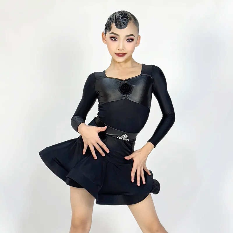 Vestido de entrenamiento de rendimiento para niños, vestido de baile latino para niñas, Conjunto dividido negro, vestidos de competición de baile de salón